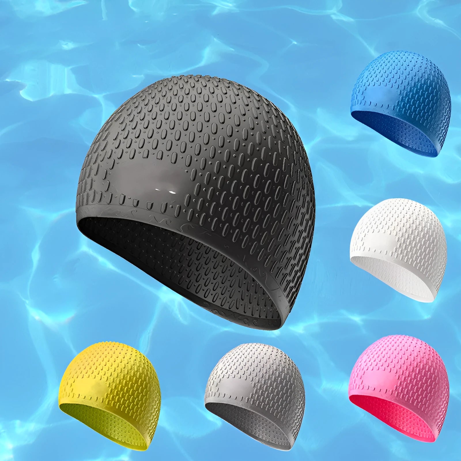 Silicone swimming cap for adults in various solid colours on a white background.