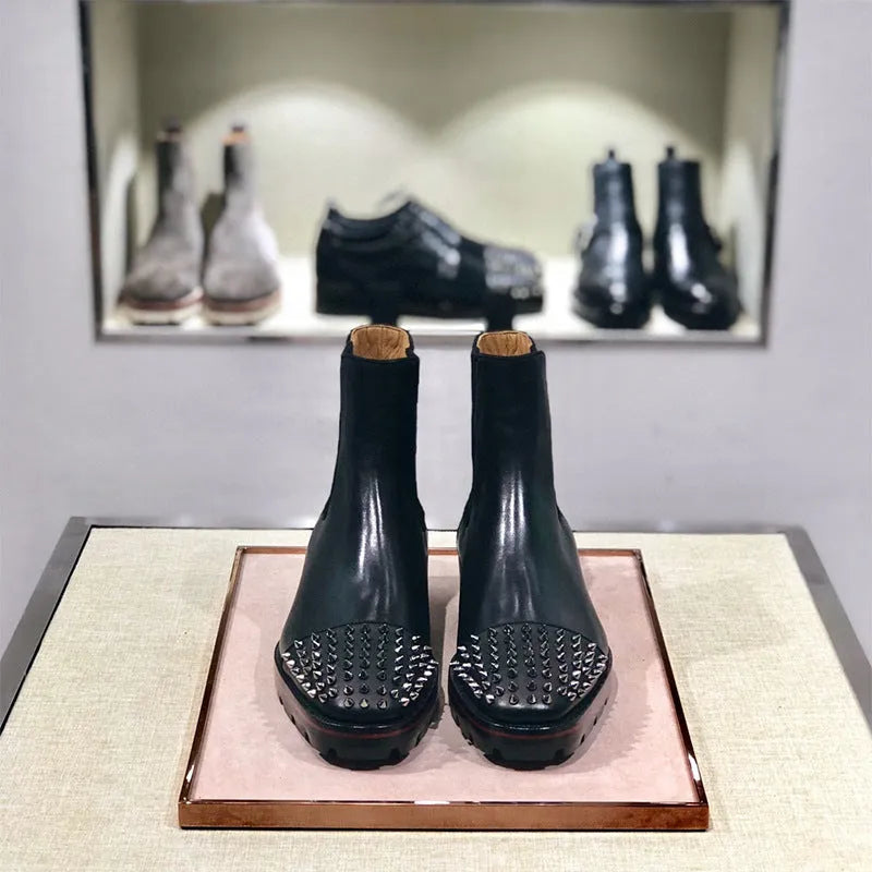 Black business casual high top leather shoes with cowhide uppers and leather soles