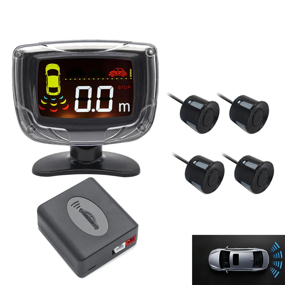 Wireless reversing sensor system with main unit, four probes, digital display, and installation accessories