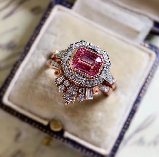 Rose gold women's ring with geometric ruby design in European American retro style