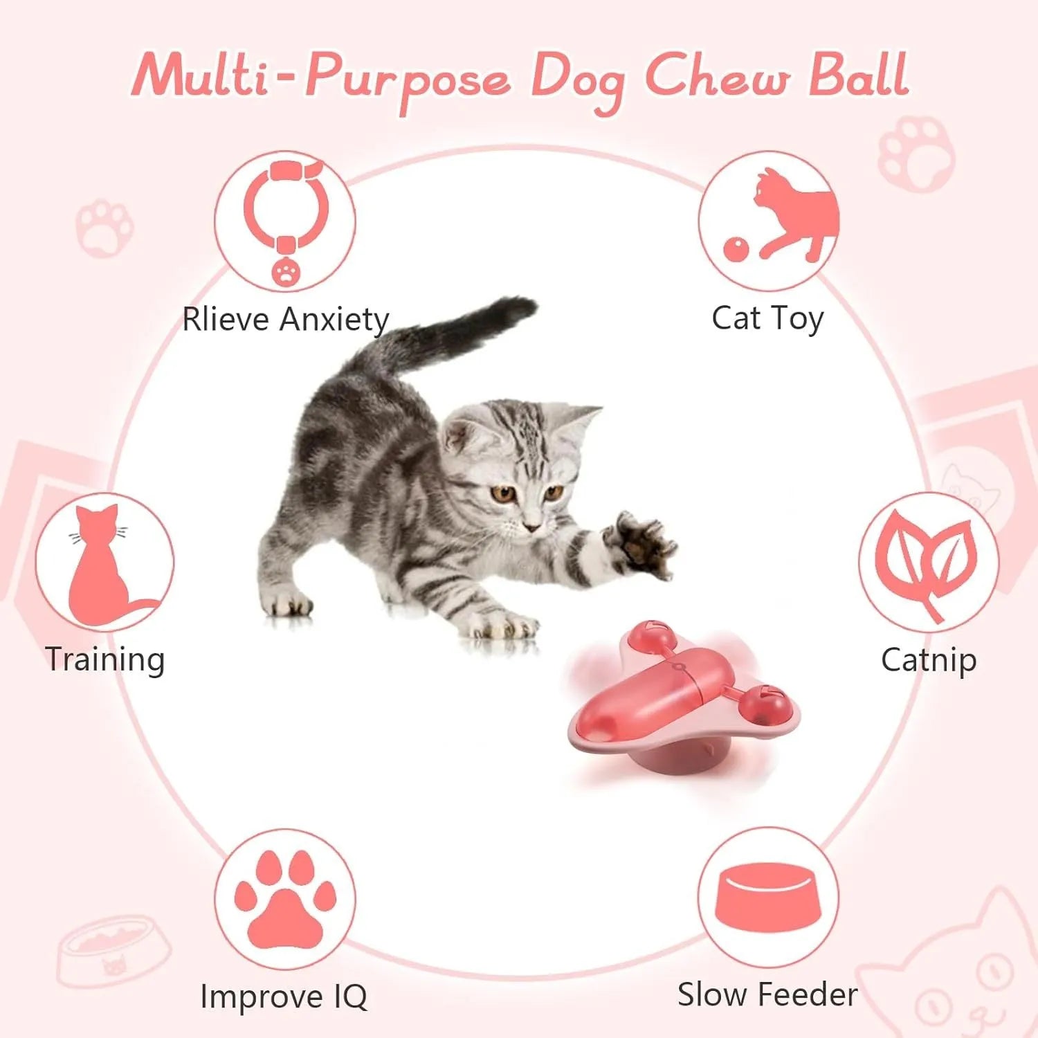 Blue interactive pet puzzle toy with bell, catnip pouch, and clear snack cabin on a suction cup base.