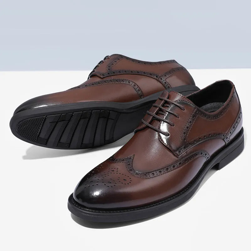 Men's black and brown brogue Oxford-style formal shoes with classic perforated detailing.