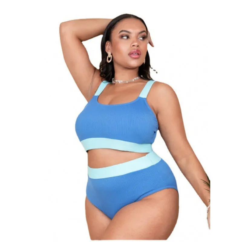 Women's high waist one-piece swimsuit in solid colour with decorative stitching