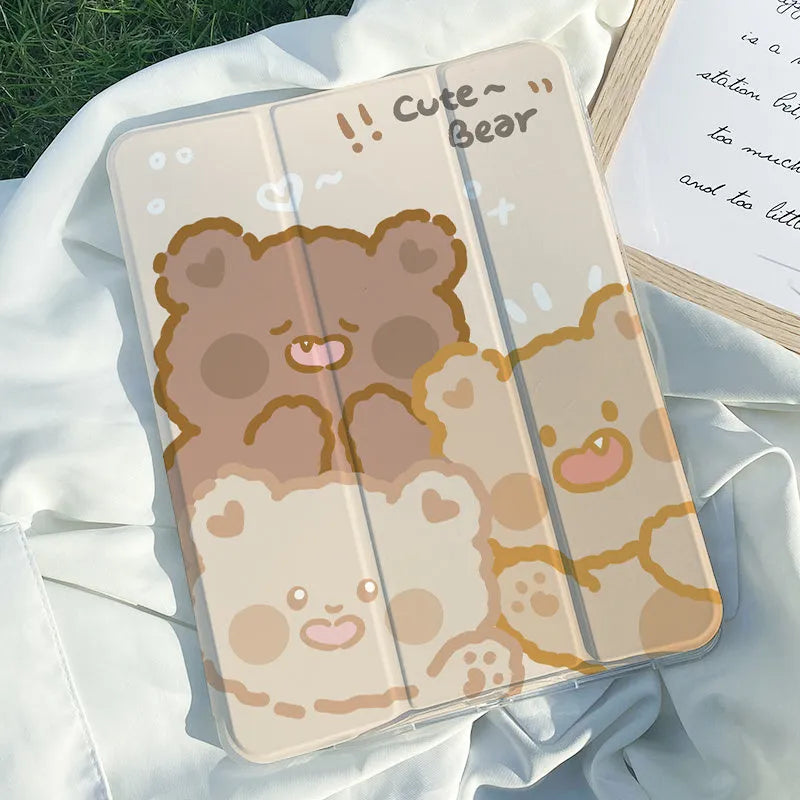 Silicone tri-fold protective case for iPad in a cartoon rabbit design, showing the stand function.