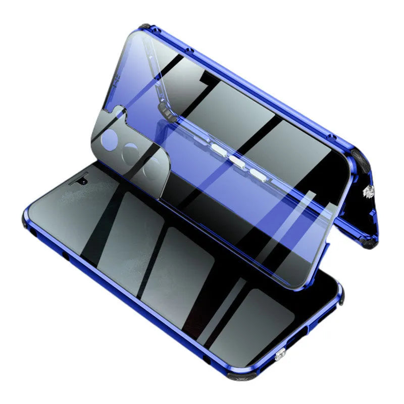 Black anti-peeping magnetic clamshell phone case for Samsung Galaxy showing privacy screen and magnetic closure