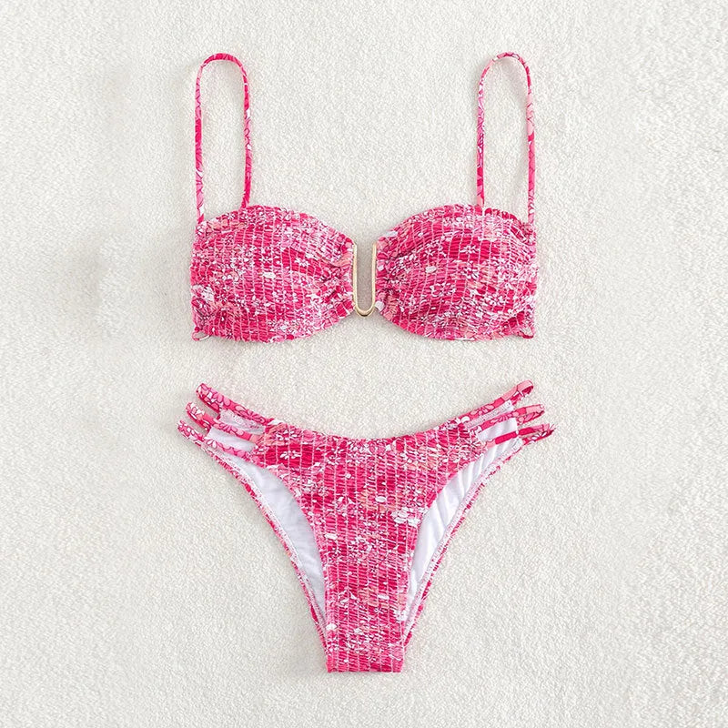 Women's high-waisted floral bikini swimsuit in blue, orange, pink, or rose red on a mannequin