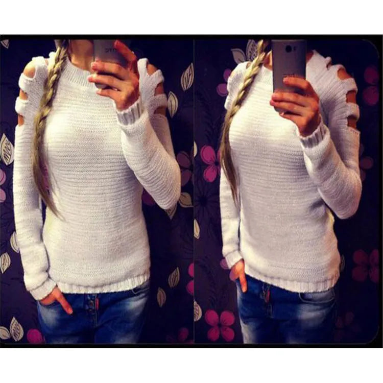 White women's knitted shirt with hollow-out crocheted pattern and long sleeves