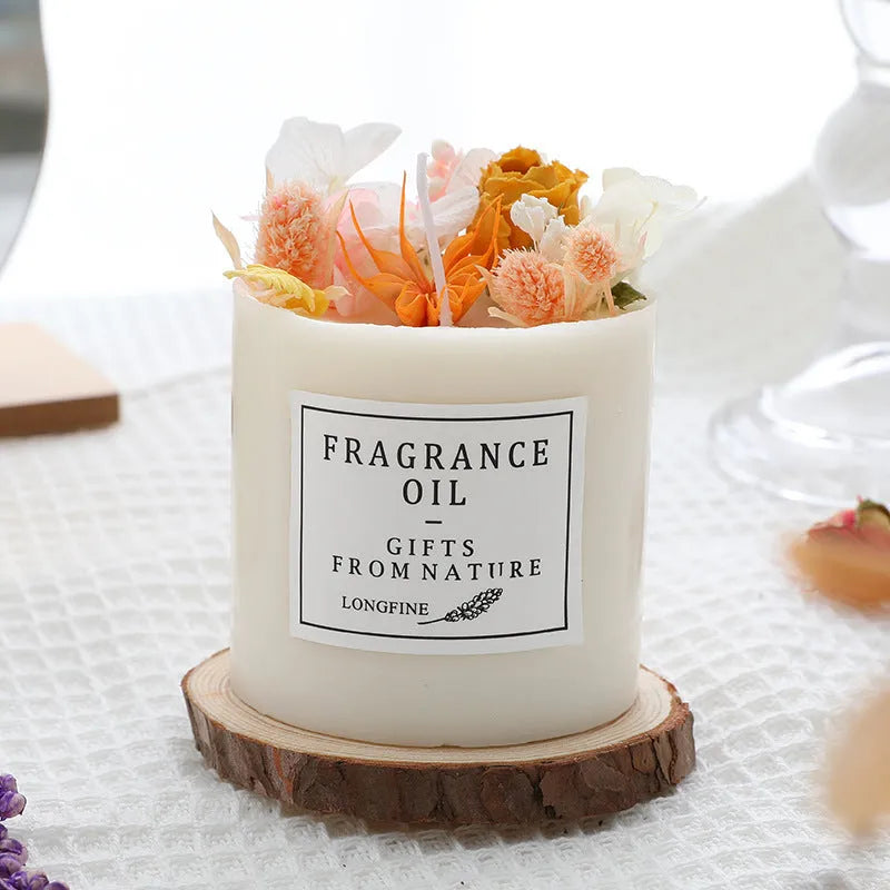 330g aromatherapy candle with embedded dried flowers, available in nine fragrances with optional gift box and wooden base