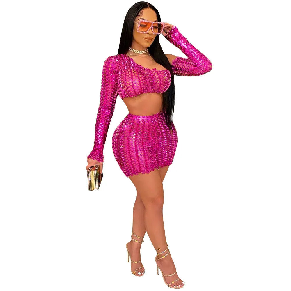 Women's black hollow-out net dress two-piece set with sleeveless top and short skirt.
