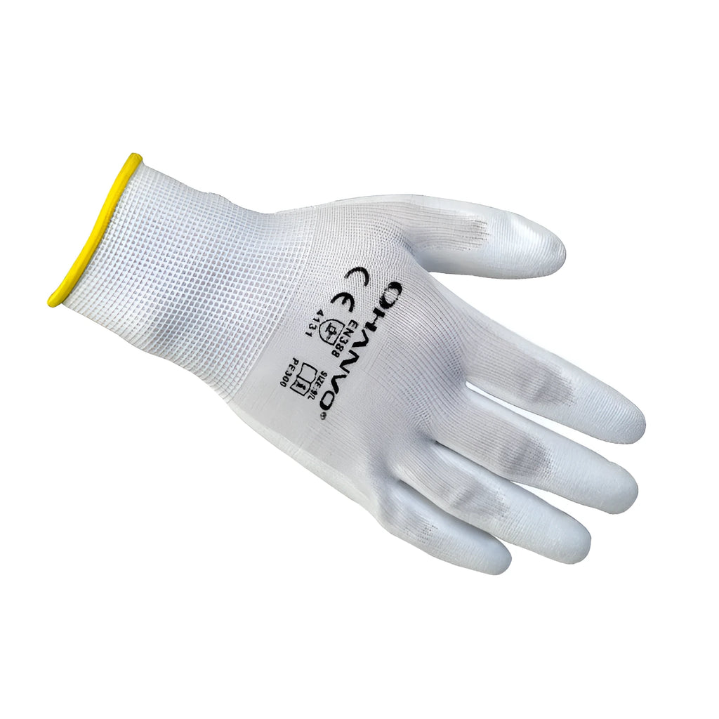 White PU coated labour gloves showing flexible material, laid flat to display 24cm length and size tag.