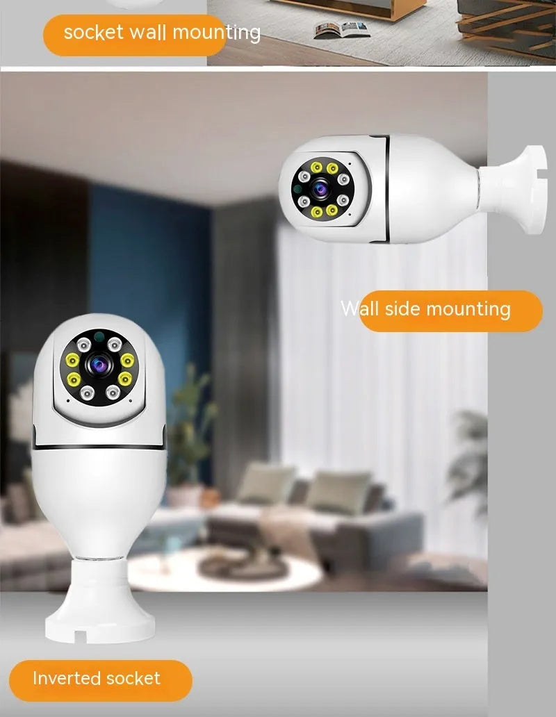 Wireless Wi-Fi bulb security camera with lamp holder base, showing compact 5cm by 12cm size.