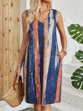V-neck sleeveless colour-block striped dress with midi length and mid-waist