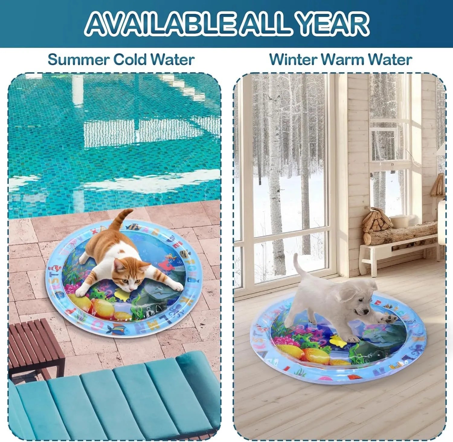 Thickened PVC water sensory playmat for cats with ocean fish design and floating toys