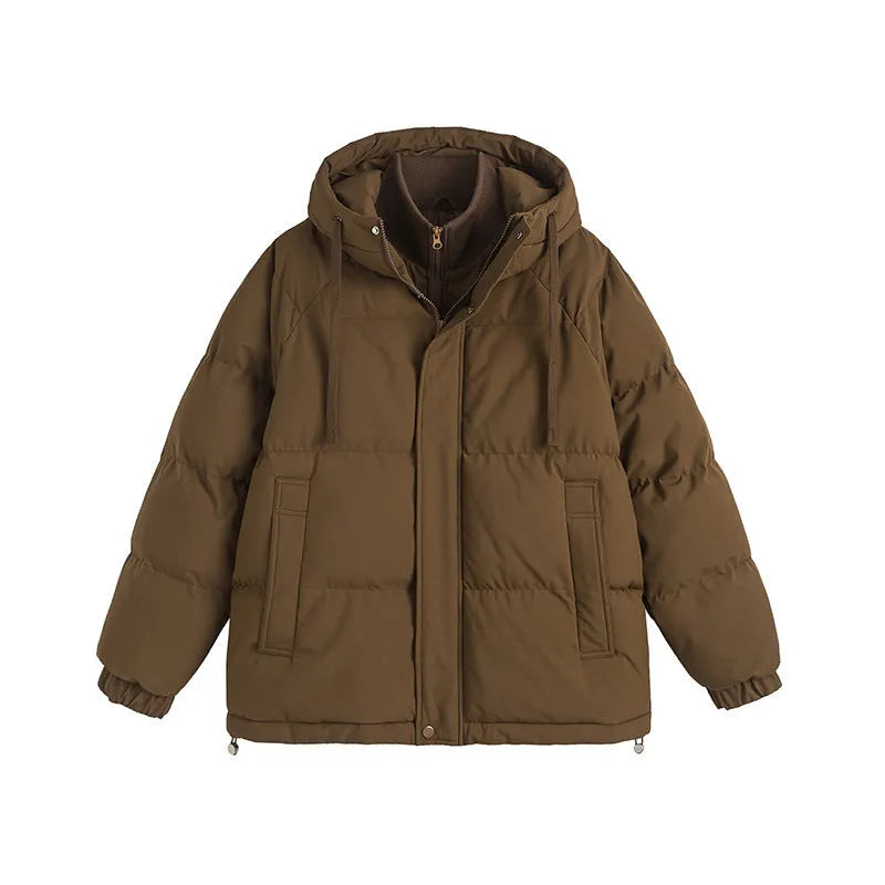 Loose two-piece winter cotton coat in mustard yellow with side pockets and cardigan styling