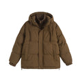 Loose two-piece winter cotton coat in mustard yellow with side pockets and cardigan styling