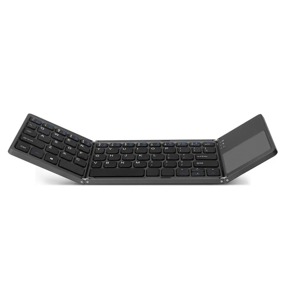 Ultra-thin tri-fold folding touch Bluetooth keyboard showing folded and open positions with integrated touchpad