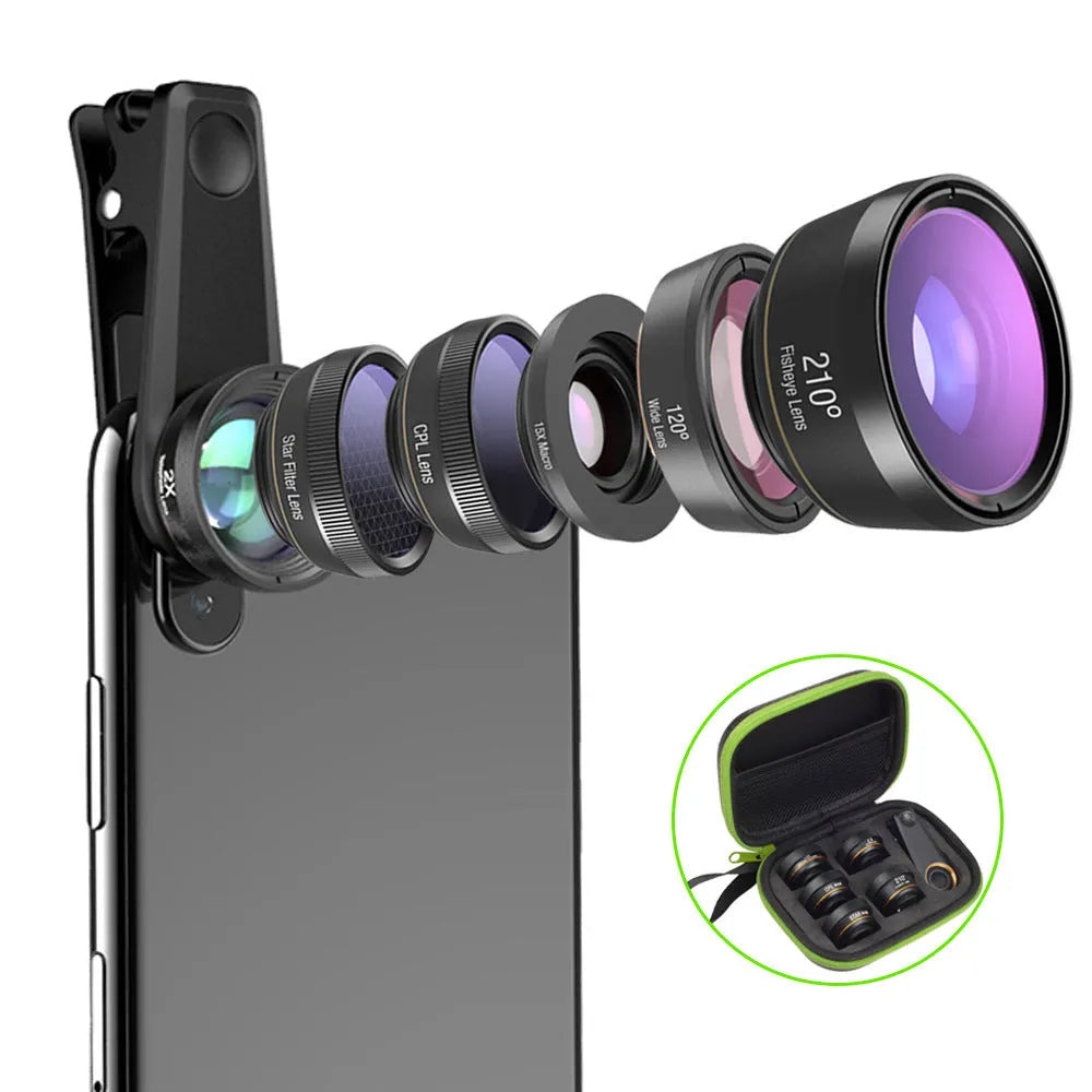 Black 6 in 1 smartphone camera lens kit with fisheye, macro, wide angle, telephoto, CPL and star filter lenses on a universal clip.
