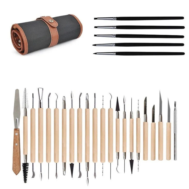27-piece pottery clay tool set with stainless steel, wooden, and plastic tools rolled in a protective case.