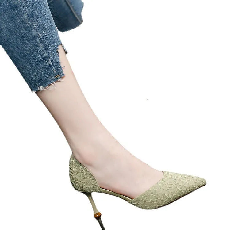 Women's black leather stiletto high heels with pointed toe and 6-8cm heel