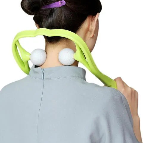Manual neck and shoulder massager with adjustable stand and 3D floating-point rollers in pink, blue, and green colours.