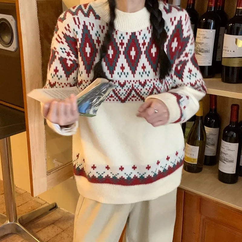 White and red striped retro style loose pullover knitted top with long sleeves