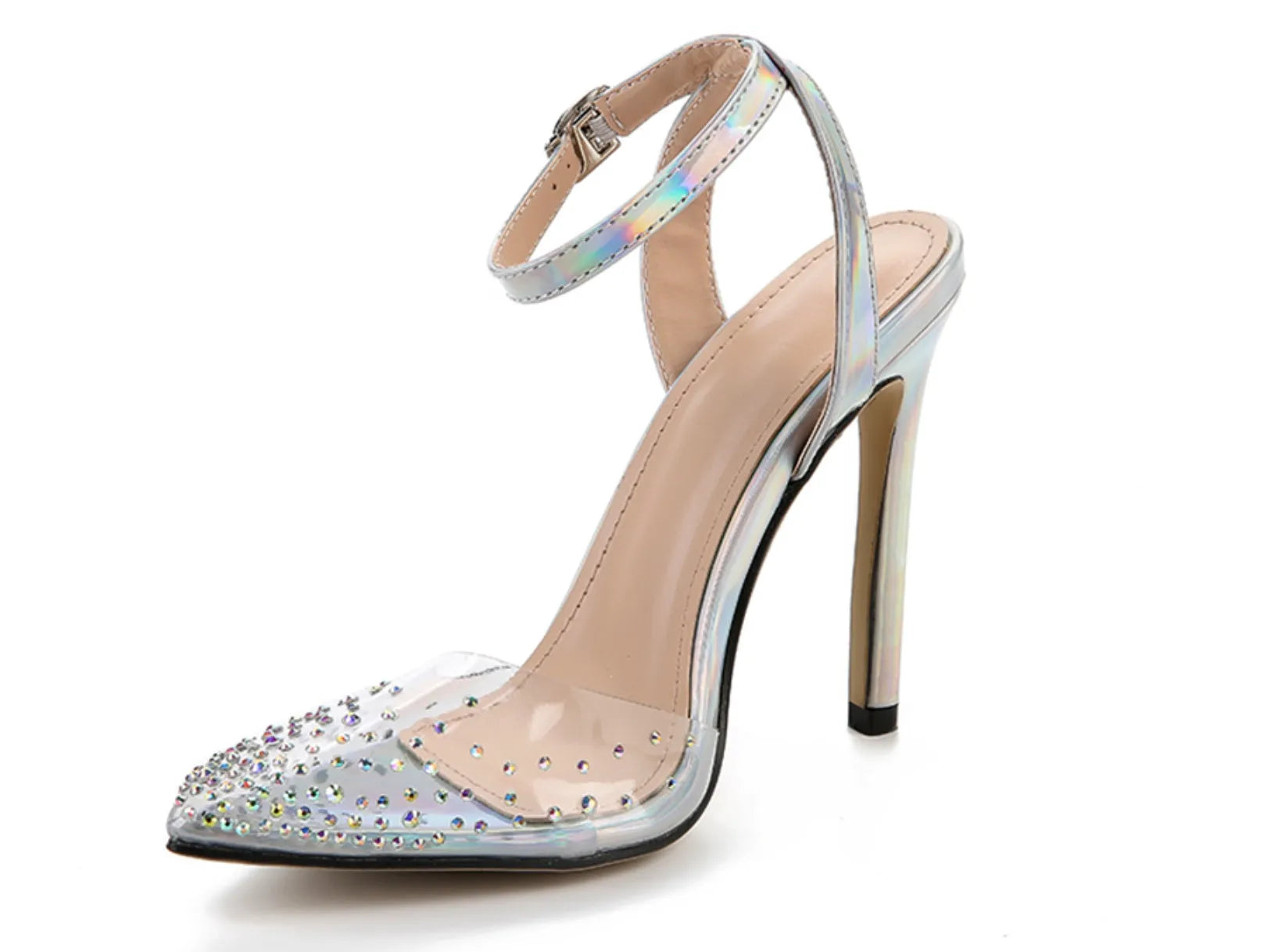 Women's pointed-toe stiletto sandals with a clear PVC upper.