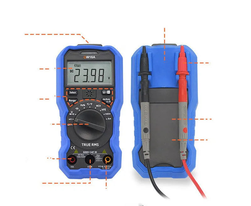 Handheld digital multimeter with display showing readings, test leads, and NCV non-contact voltage detection feature.