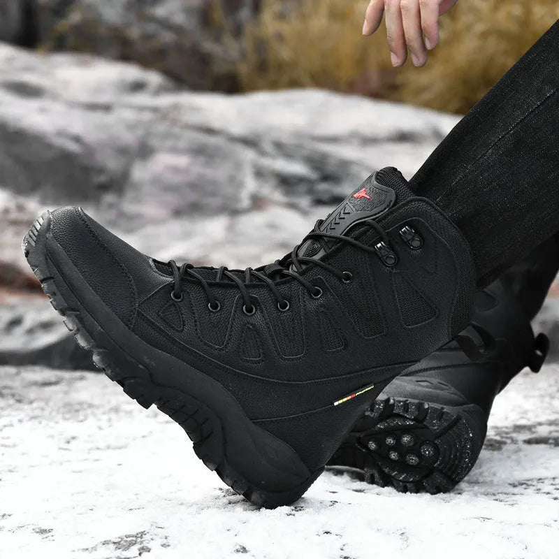 Cowhide leather hi-top hiking shoes in black, brown, and beige colours for outdoor activities