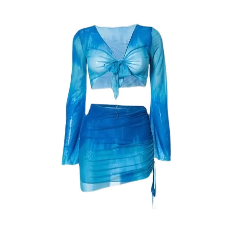 Blue women's four-piece bikini swimsuit set with high-waist briefs and a backless top.