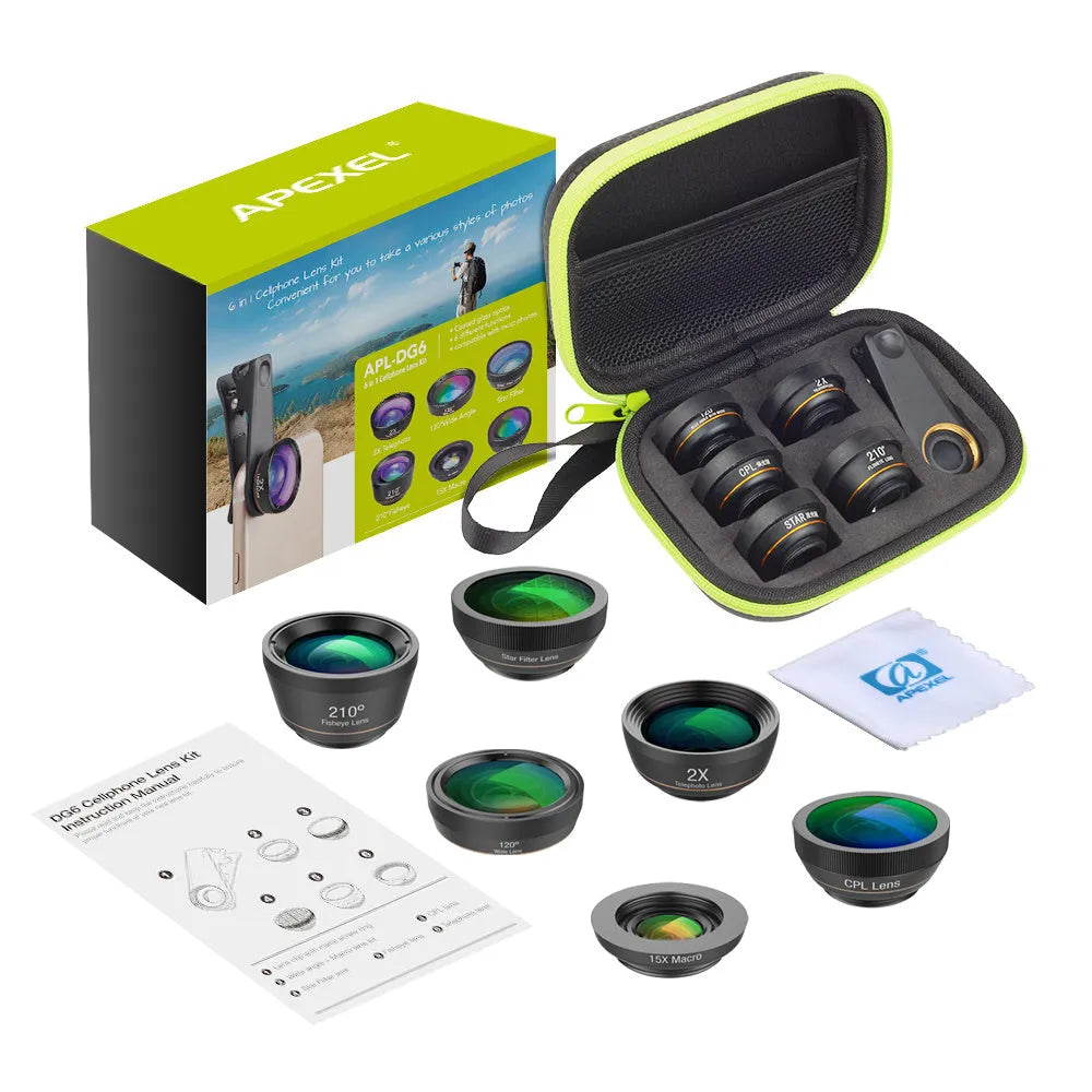 Black 6 in 1 smartphone camera lens kit with fisheye, macro, wide angle, telephoto, CPL and star filter lenses on a universal clip.