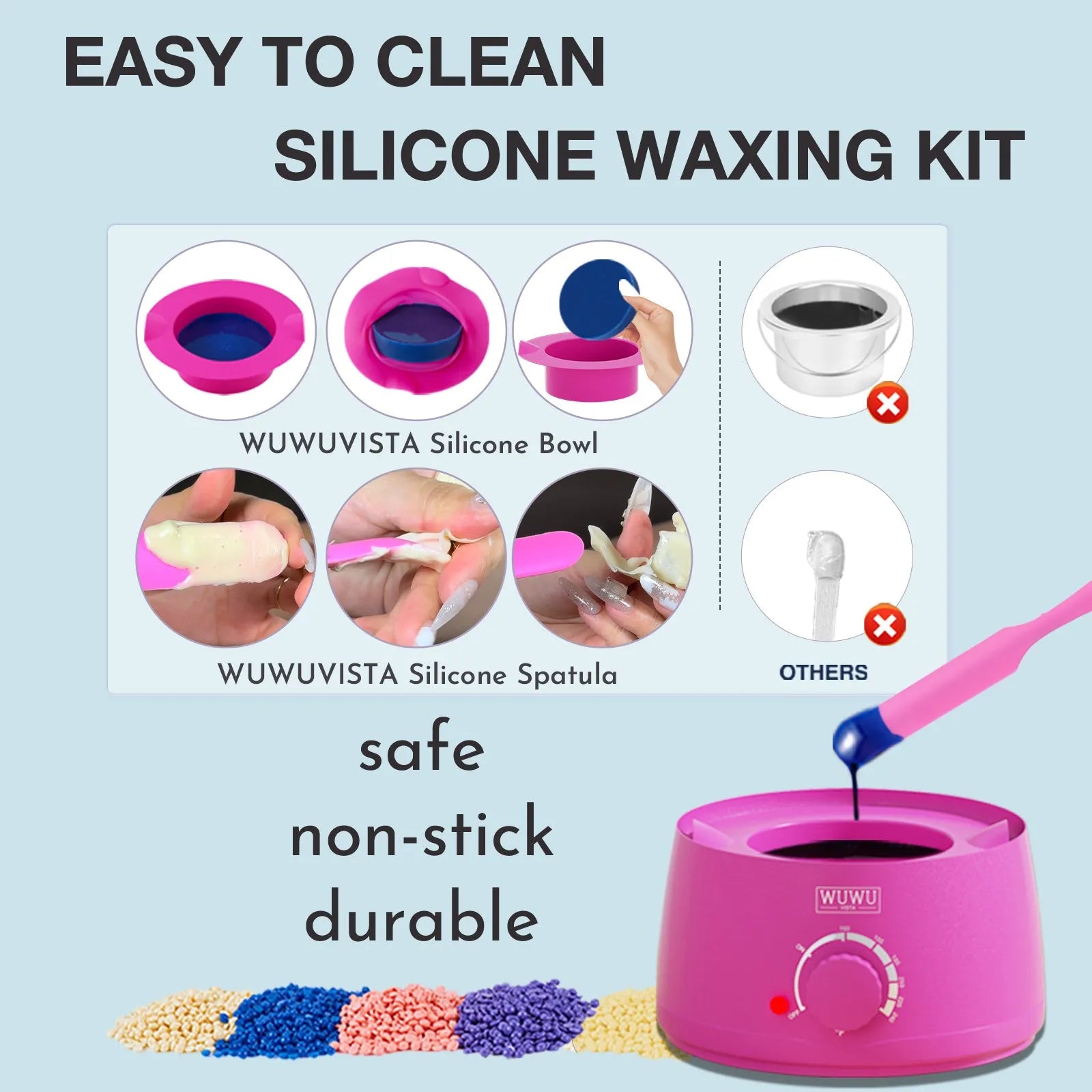 WUWUVISTA 63-piece waxing kit with black wax warmer, wax beads, applicator sticks, and silicone tools