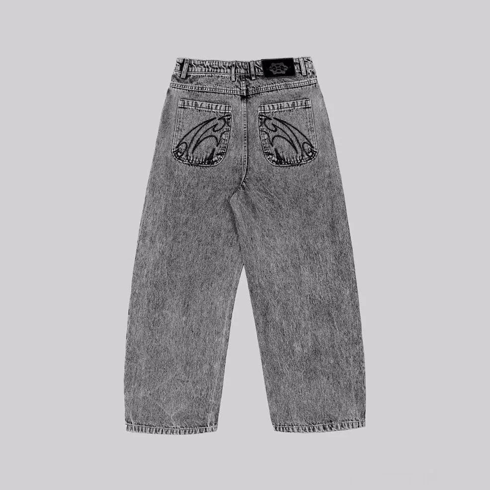 Grey loose straight-leg denim trousers for men and women with mid-waist design