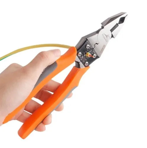 Orange multi-function wire cutter pliers with textured PVC handles and chrome steel jaws.