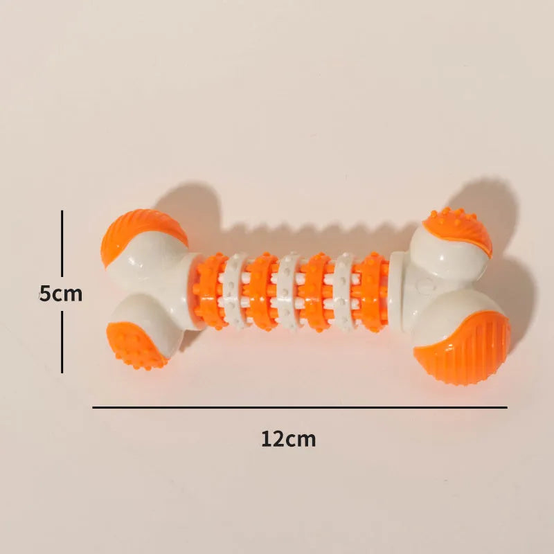 Blue, orange, and red bone-shaped interactive dog chew toy for small breeds with treat holder.