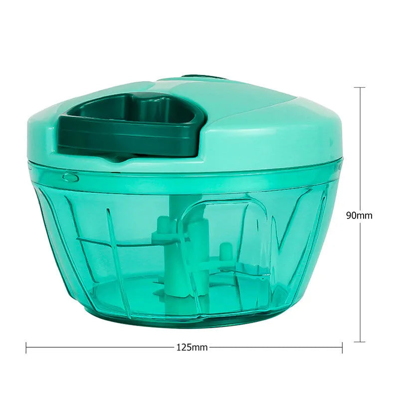 Green manual kitchen chopper with three blades, 500ml capacity and stainless steel components