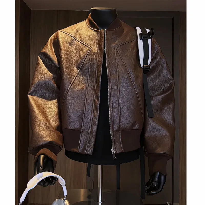 Black PU leather motorcycle jacket with litchi texture and 100cm extended length