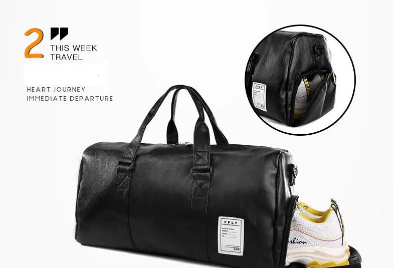 Large black waterproof sports gym bag with separate side shoe compartments and a diagonal carry strap.
