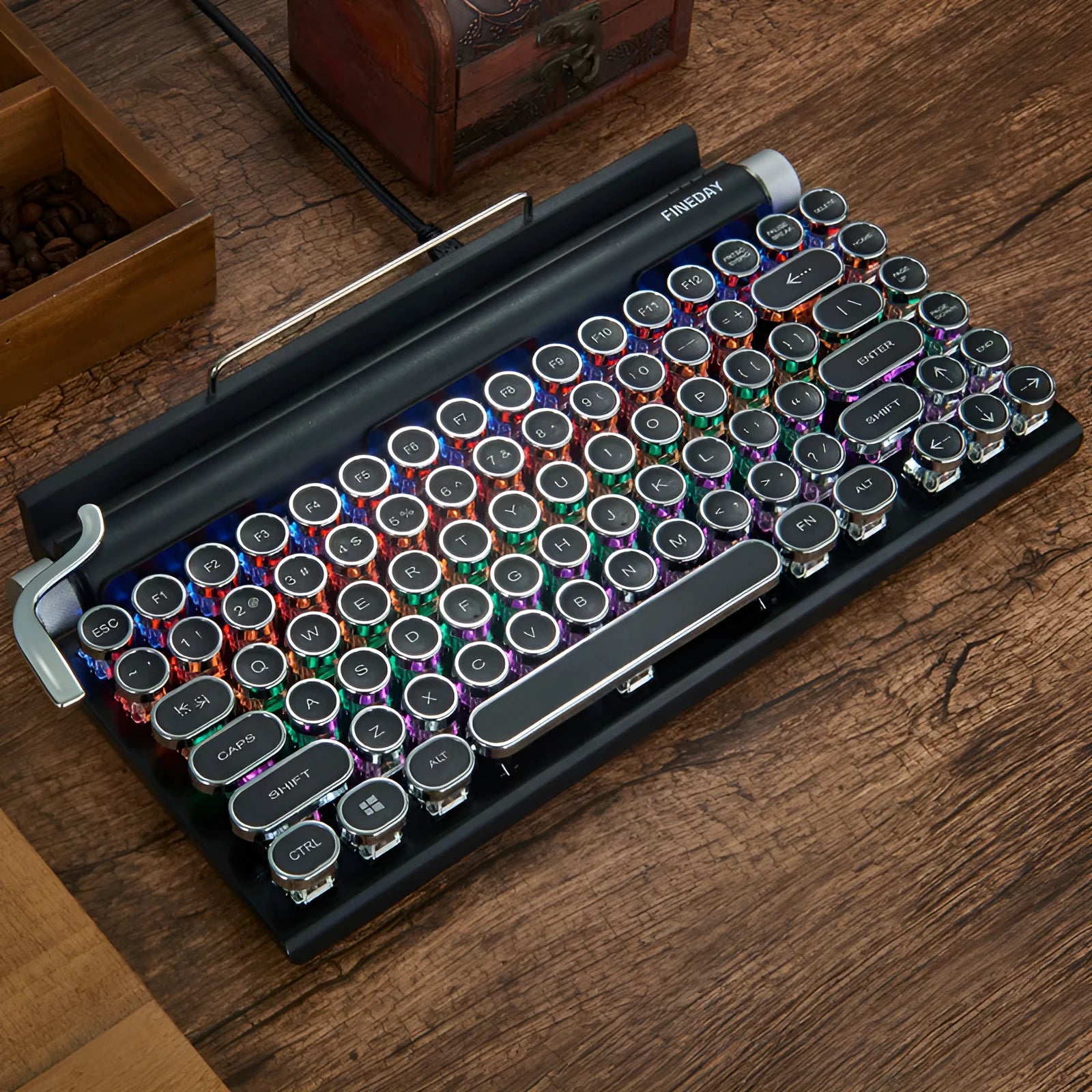 Black retro mechanical keyboard with 83 keys, metal body, and seven-colour backlight on a desk