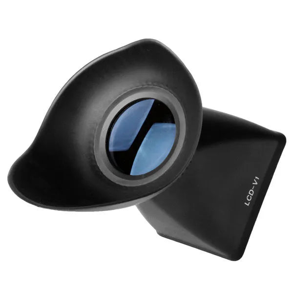 Black camera LCD viewfinder amplifier with 2.8x magnification mounted on a DSLR camera.