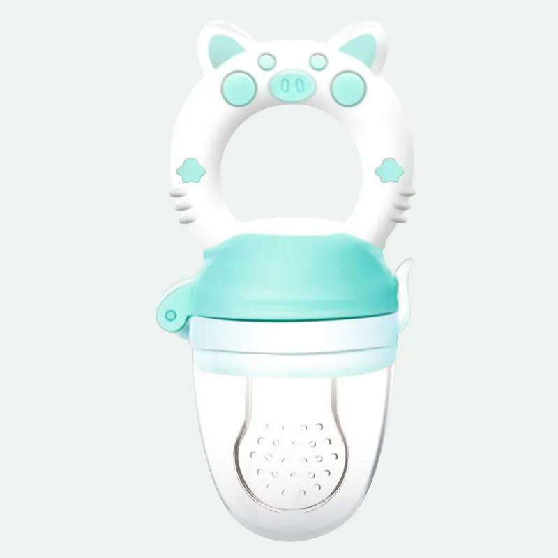 Silicone baby teether chew toy in blue, green, or pink colours with textured mouthpiece design