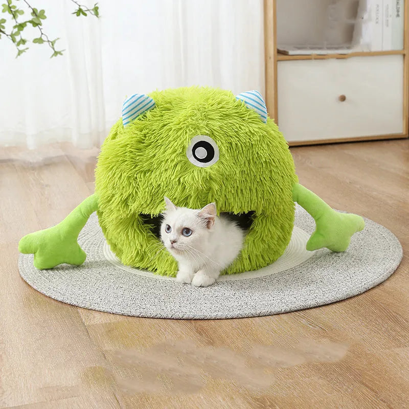 Round fluffy plush cat bed with non-slip bottom in three size options