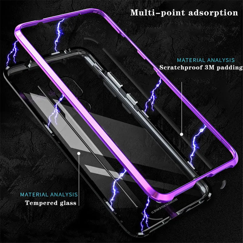 Huawei magnetic phone case with metal frame and tempered glass back in black, blue, red, or white