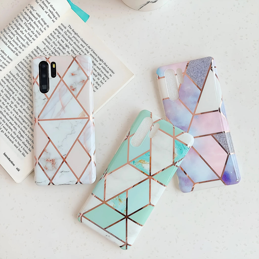 Electroplated marble design TPU mobile phone case for Huawei and Samsung smartphones in various colours.