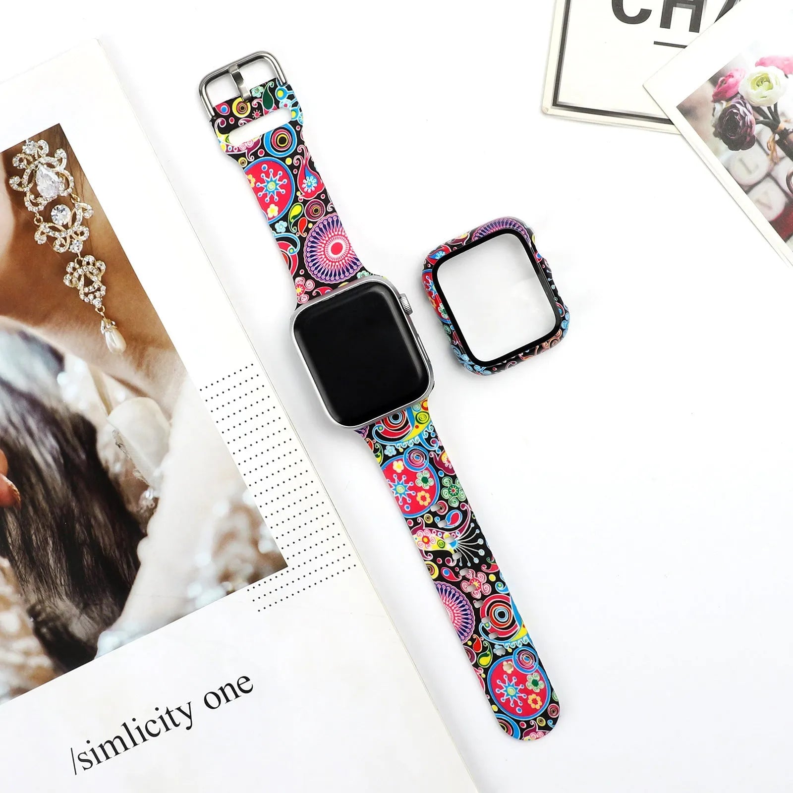 Printed silicone replacement strap for Apple Watch in various styles and sizes