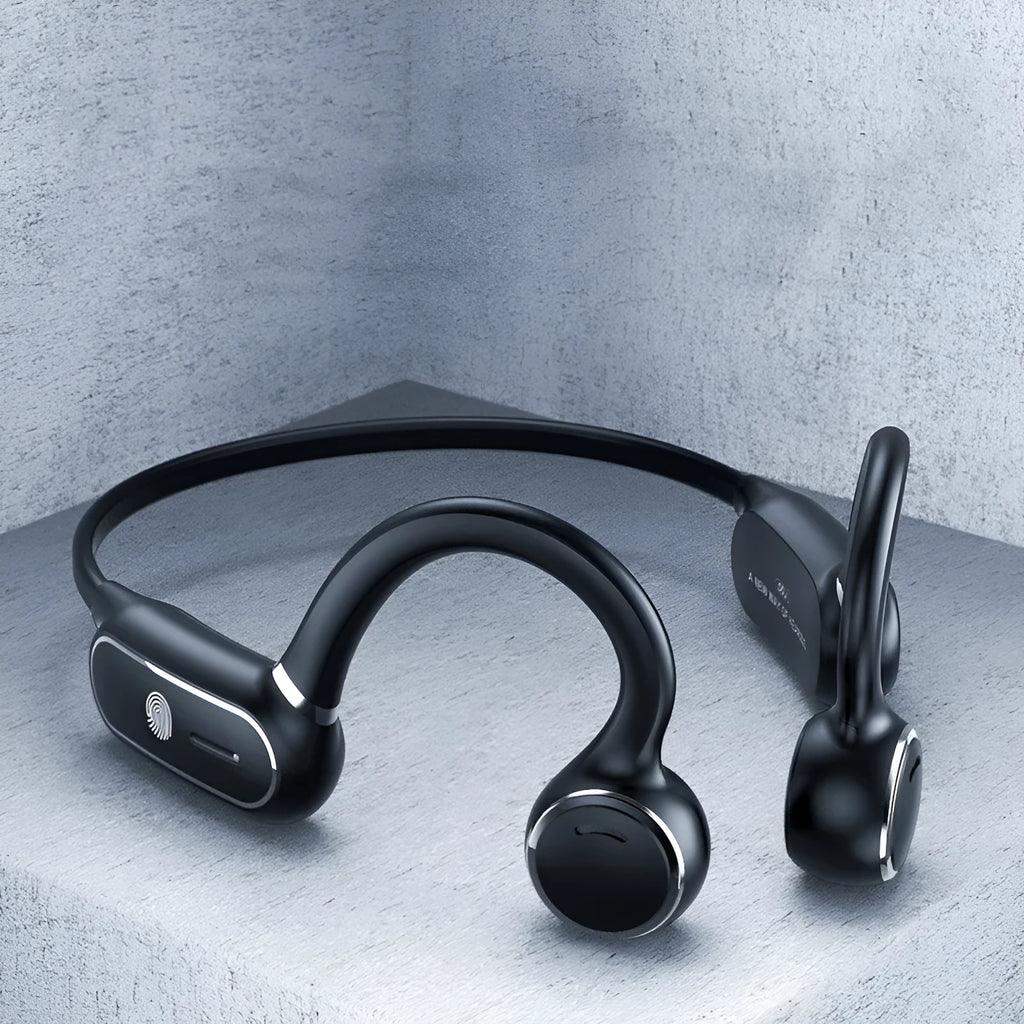 Black air conduction Bluetooth wireless earphone with titanium alloy frame and ear-hook design
