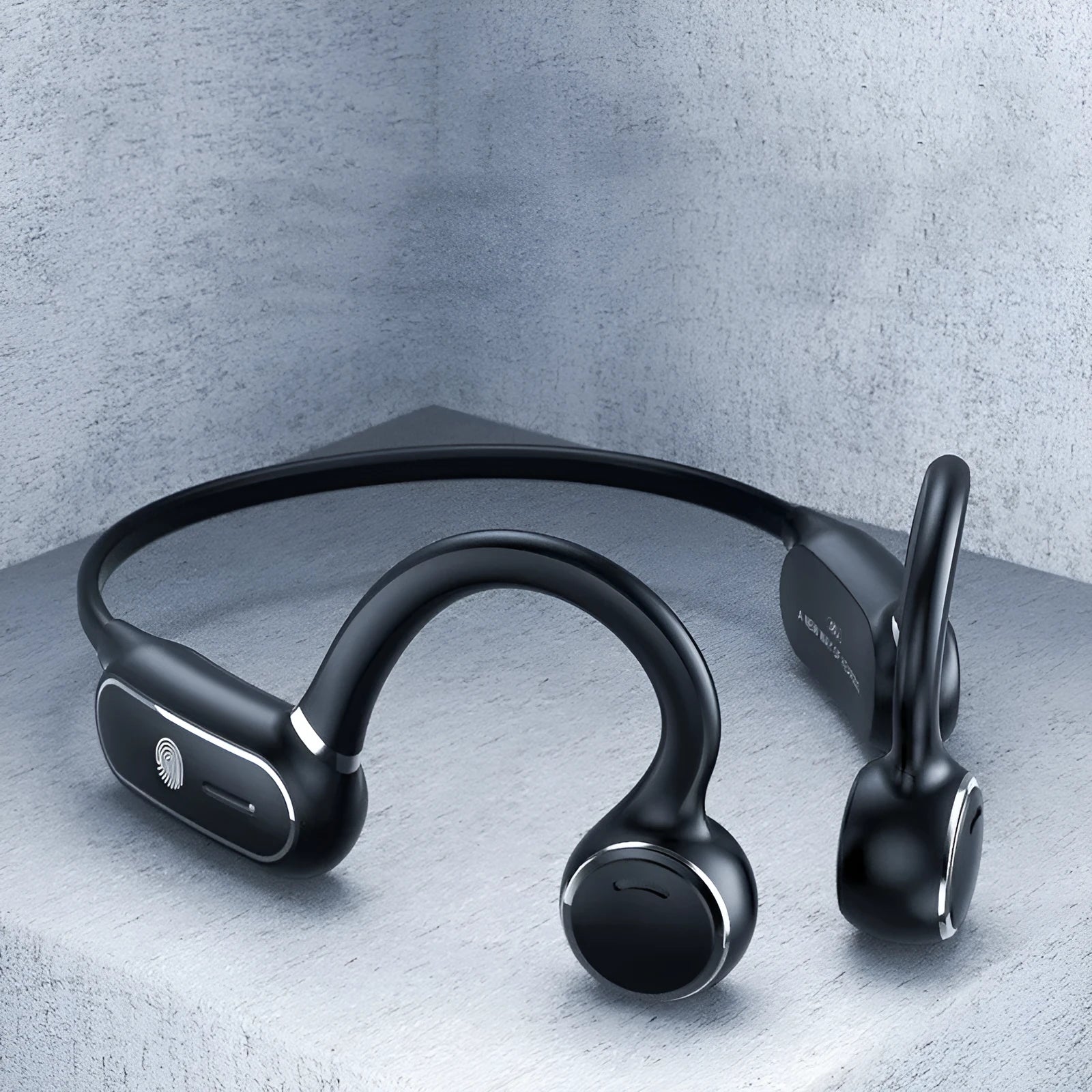 Black air conduction Bluetooth wireless earphone with titanium alloy frame and ear-hook design