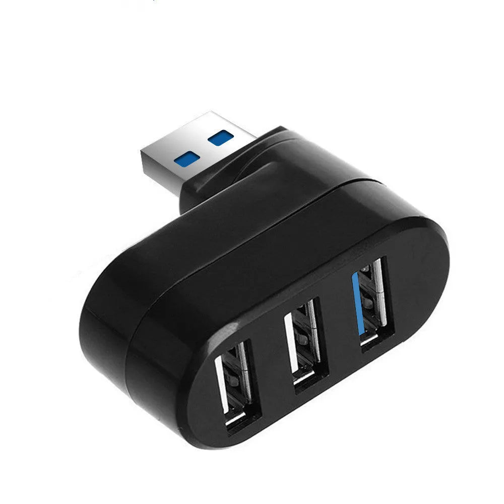 Black and white USB rotary splitter hub with four USB 3.0 ports on rotating ABS plastic body