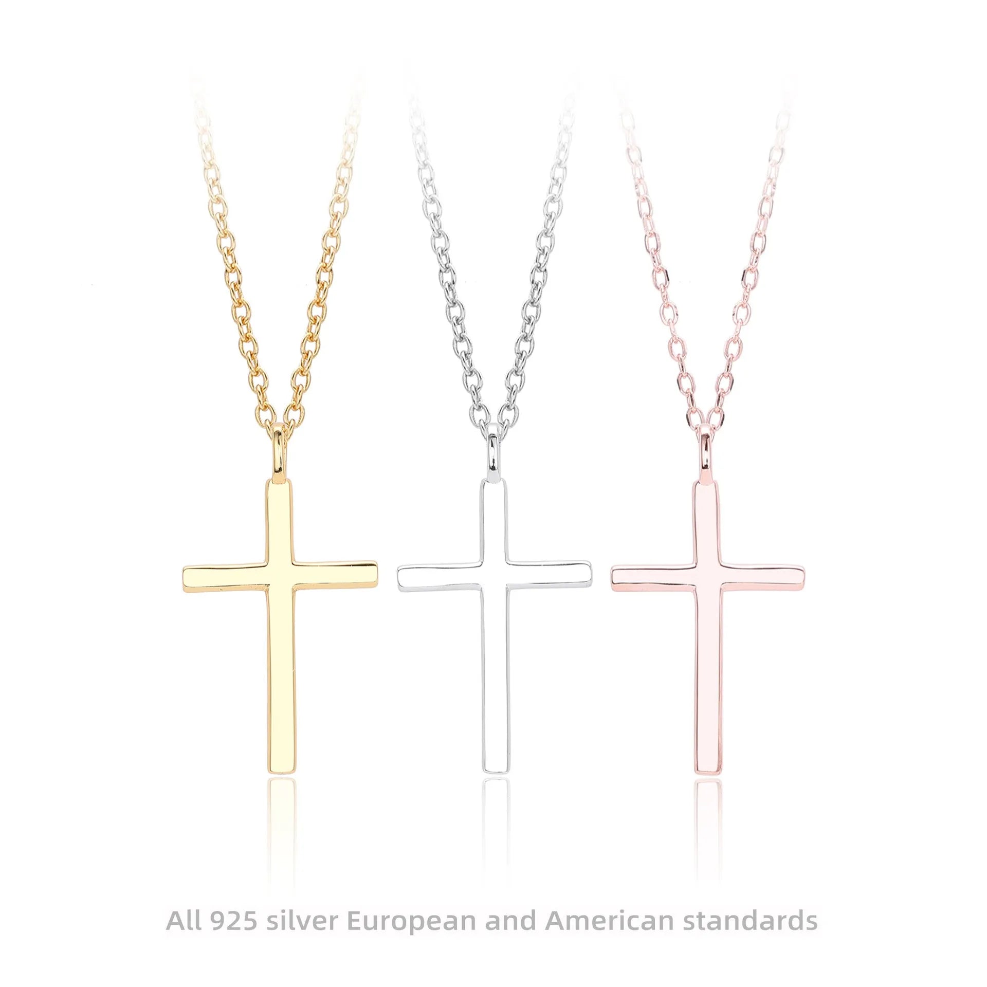 S925 sterling silver necklace with glossy cross pendant on adjustable O-shaped chain