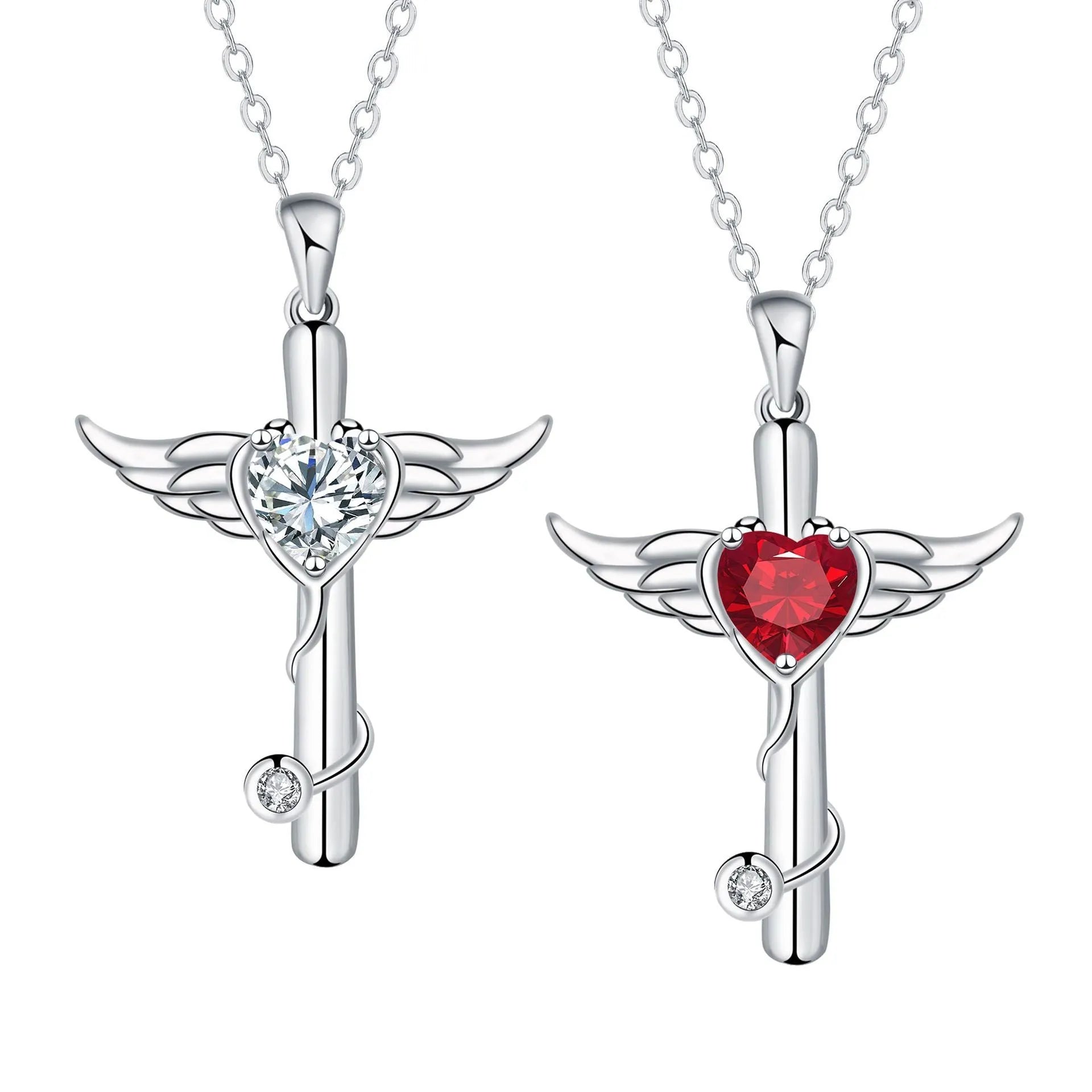 Close-up of a women's necklace featuring a combined cross and stethoscope pendant with wings detail in a red diamond finish.