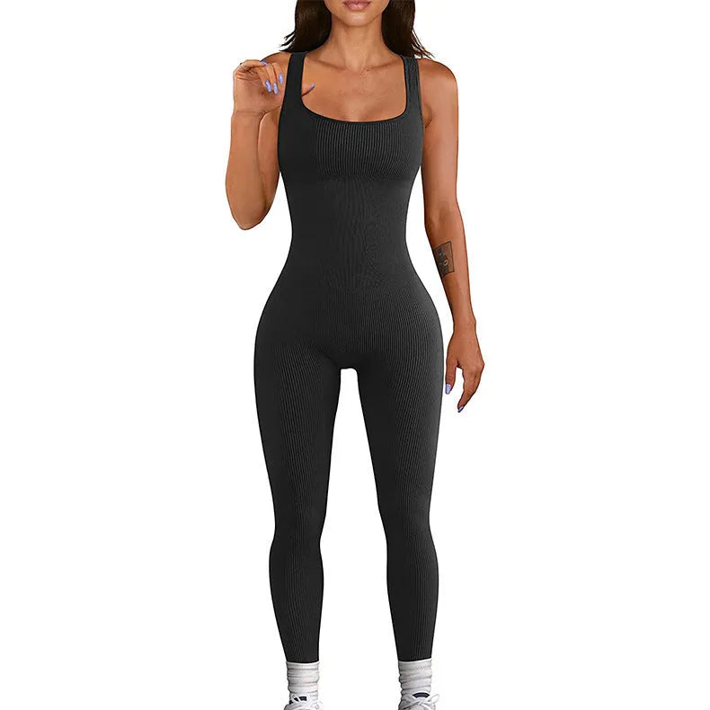 Women's long sleeve spandex suspender tank top tights with a button detail waistband.